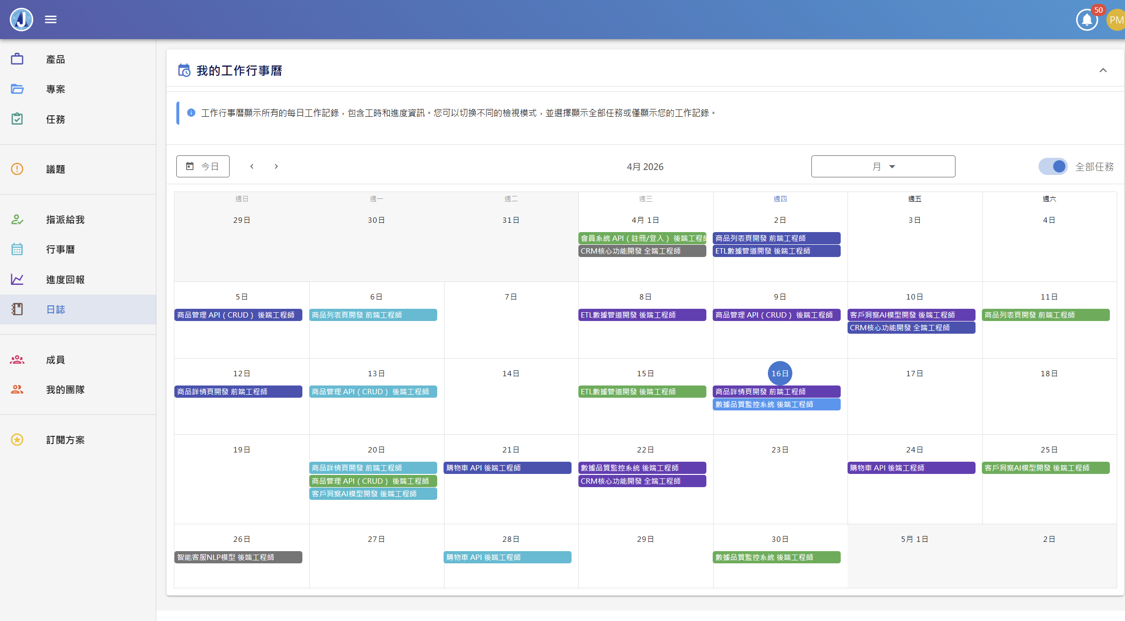 工作行事曆 — 日月周檢視工作時程