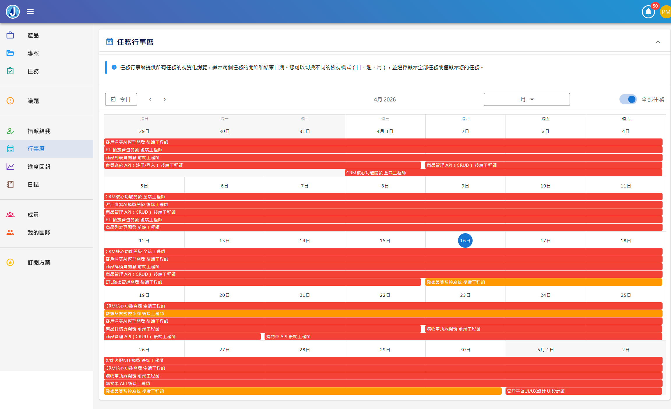 任務行事曆 — 查看任務時間分佈